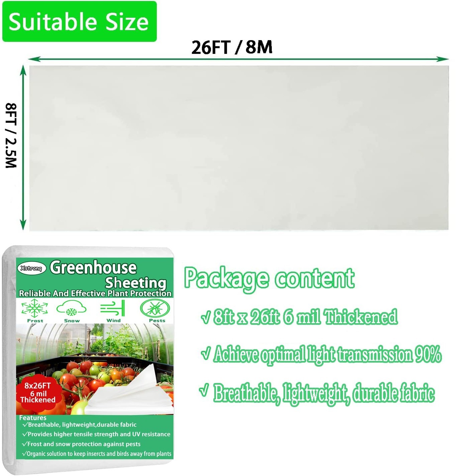 8FTx26FT Greenhouse Plastic Sheeting, 6 Mil Thick Clear Polyethylene Film, Wa…