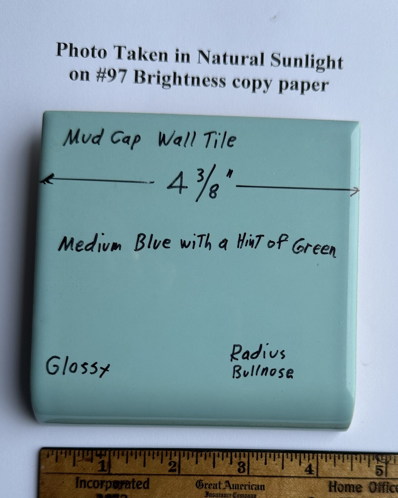 1pc. Blue + hint of green: Radius Bullnose Ceramic Tile 4-3/8″: Glossy, Mud Cap