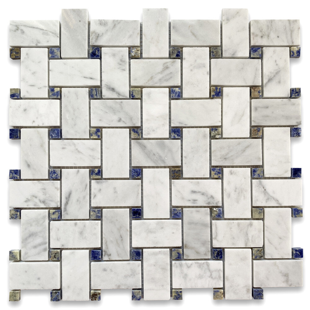 C656XP Carrara White Marble Basketweave Mosaic Tile Azul Blue Dots Polished