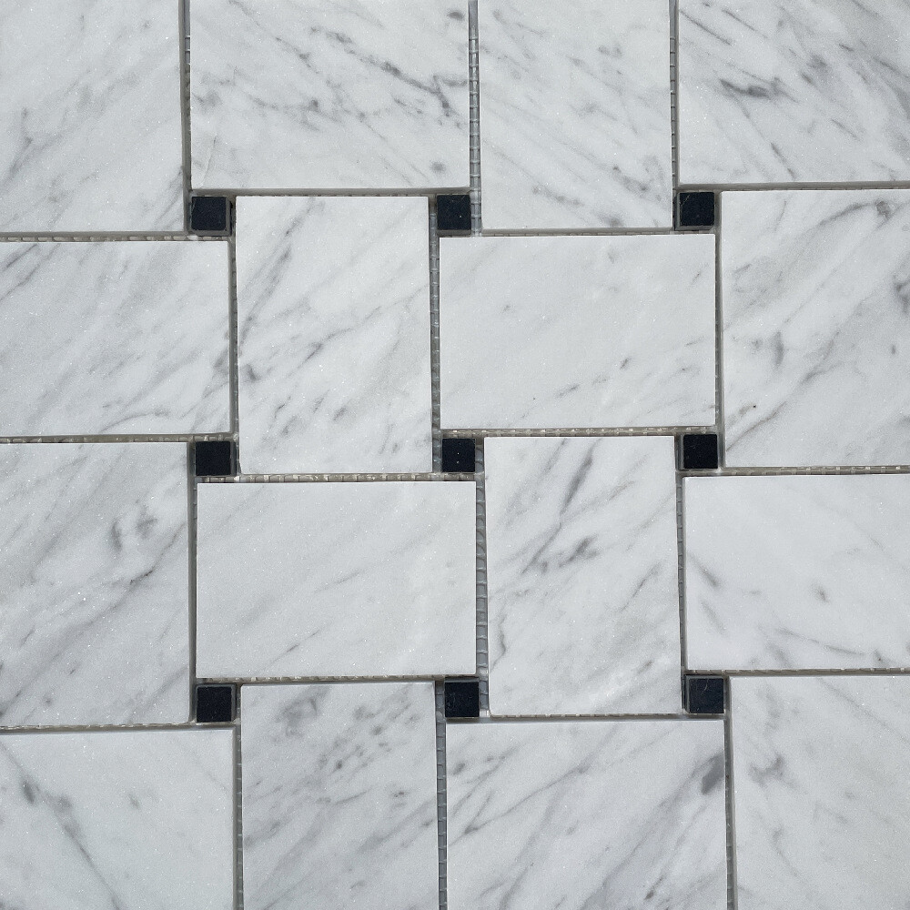 C661XH Wide Big Basketweave Carrara White Marble Mosaic Tile Honed Black Dots