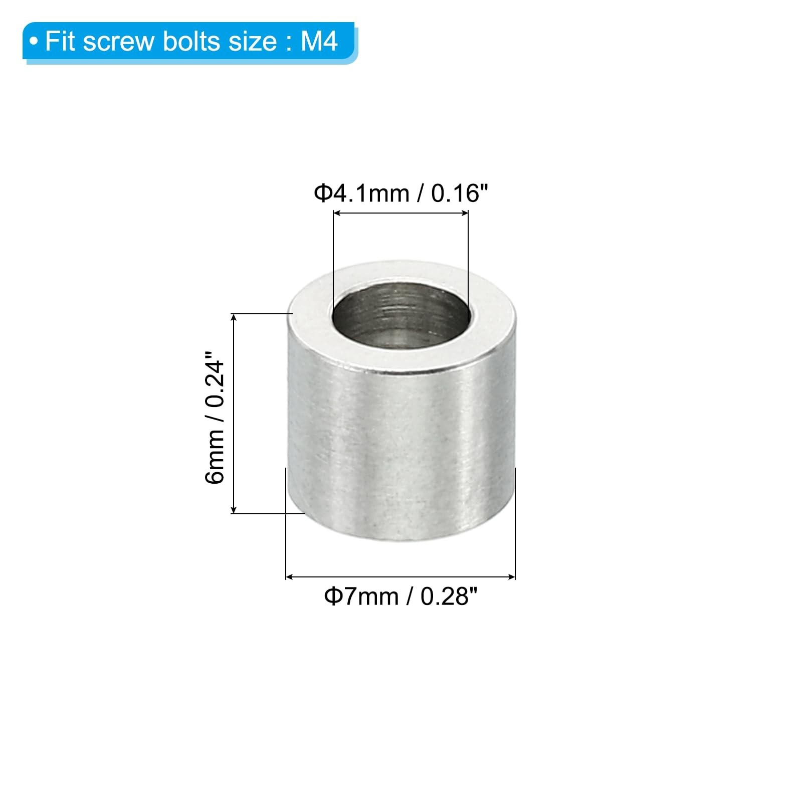PATIKIL M4 Stainless Steel Spacers, 10 Pcs 4.1mm ID x 7mm OD x6mm L, Silver