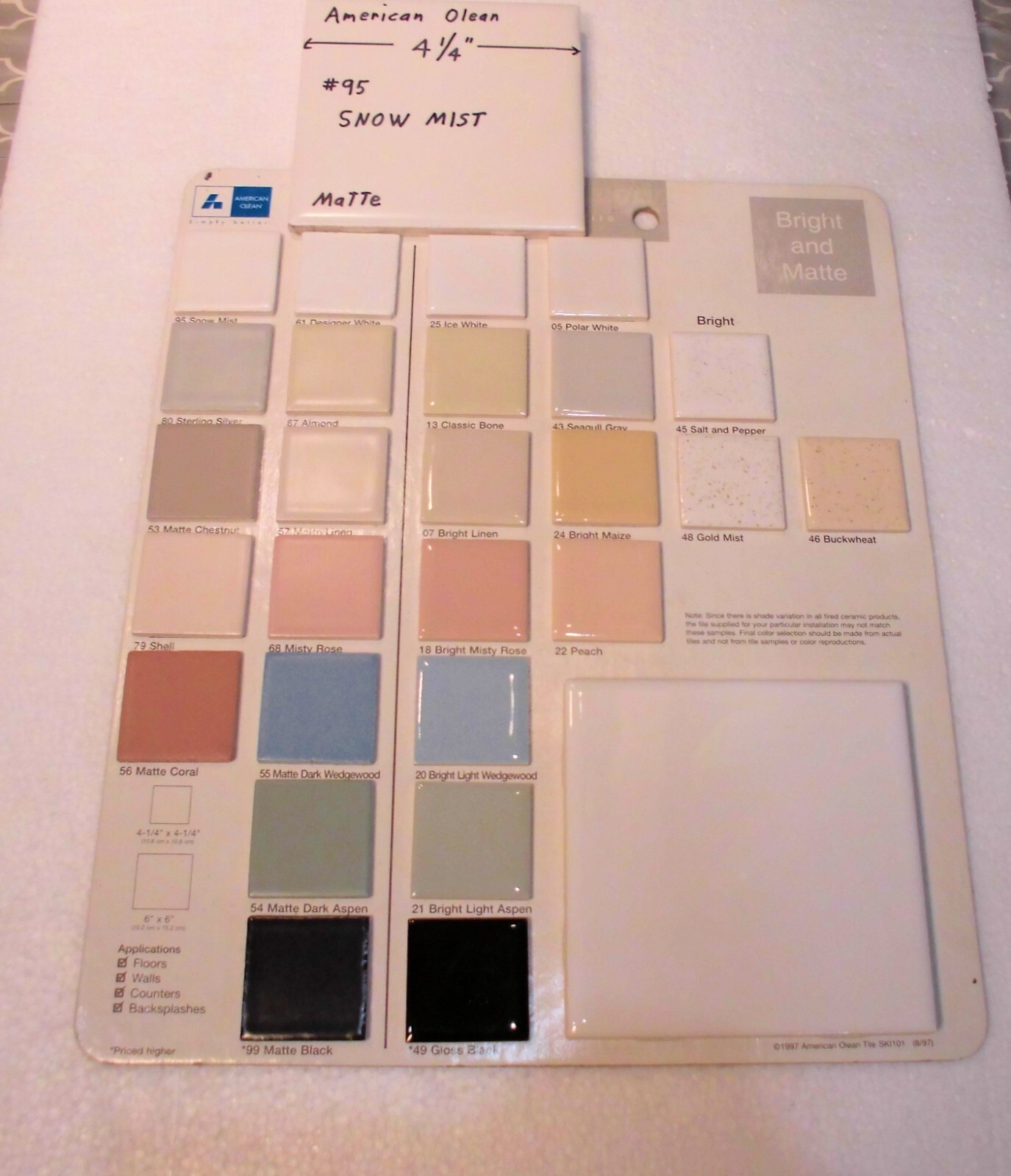 1 pc. Snow Mist: 4-1/4″ Matte White Ceramic Tile: American Olean, 1950’s-80’s
