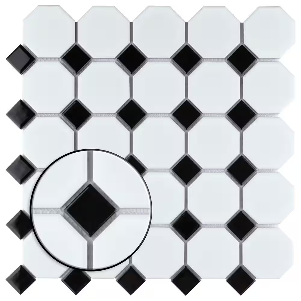 Metro Octagon Matte White with Black Dot 11-1/2 In. X 11-1/2 In. Porcelain Mosai