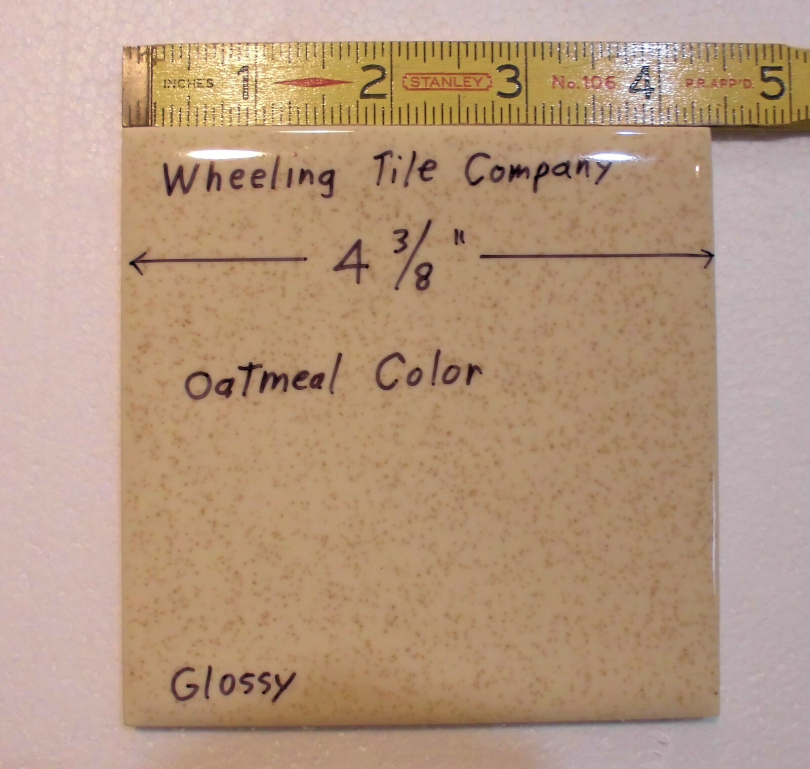 1 pc. Oatmeal 4-3/8″ Gloss Ceramic Tile by Wheeling Co. Speckled Beige-Brown USA