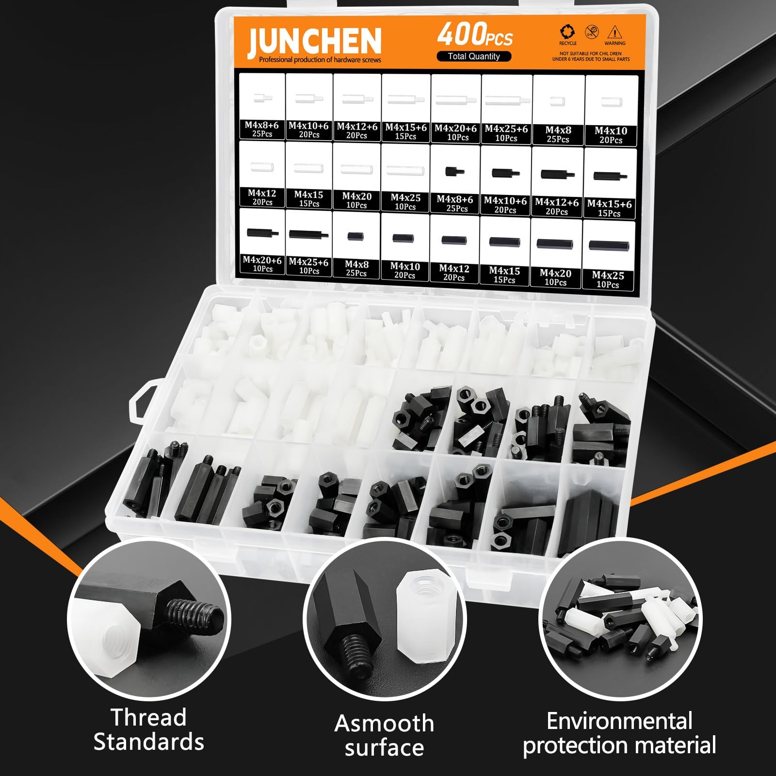400pcs Hex Male Female Nylon Spacers Standoffs Assortment M4, Black and white