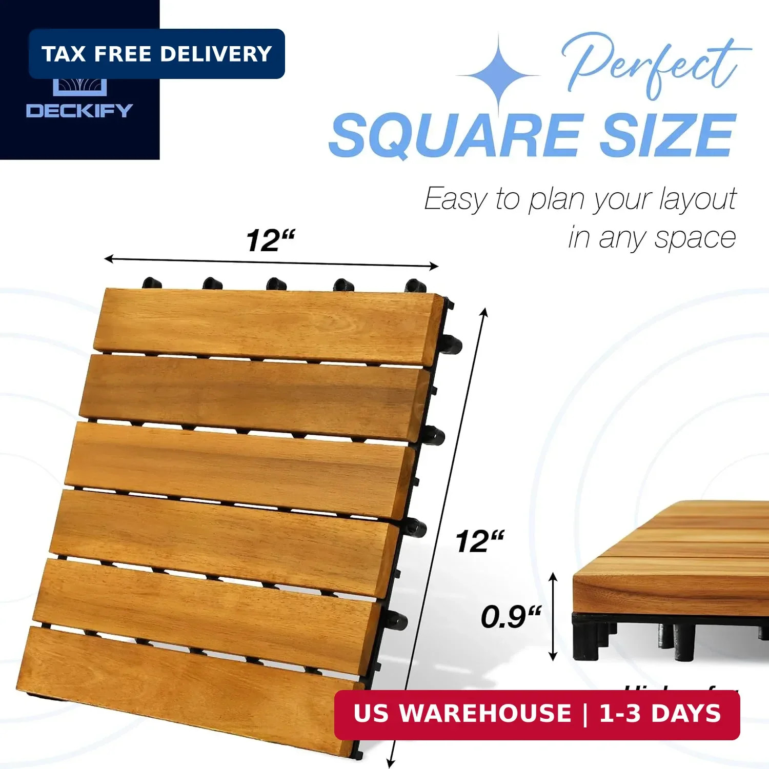 9Pcs Premium Acacia Wood Interlocking Patio Deck Tiles, 12 x 12 x 0.9 Inch Outdo