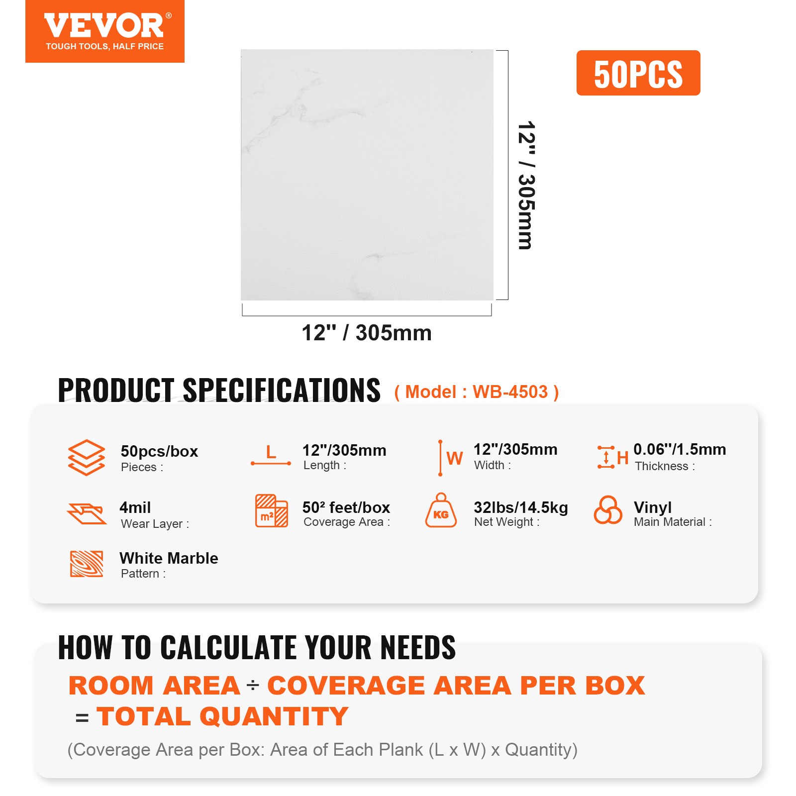 VEVOR 12” x 12” Self Adhesive Vinyl Floor Tiles 50 PCS 1.5mm Thick White Marble