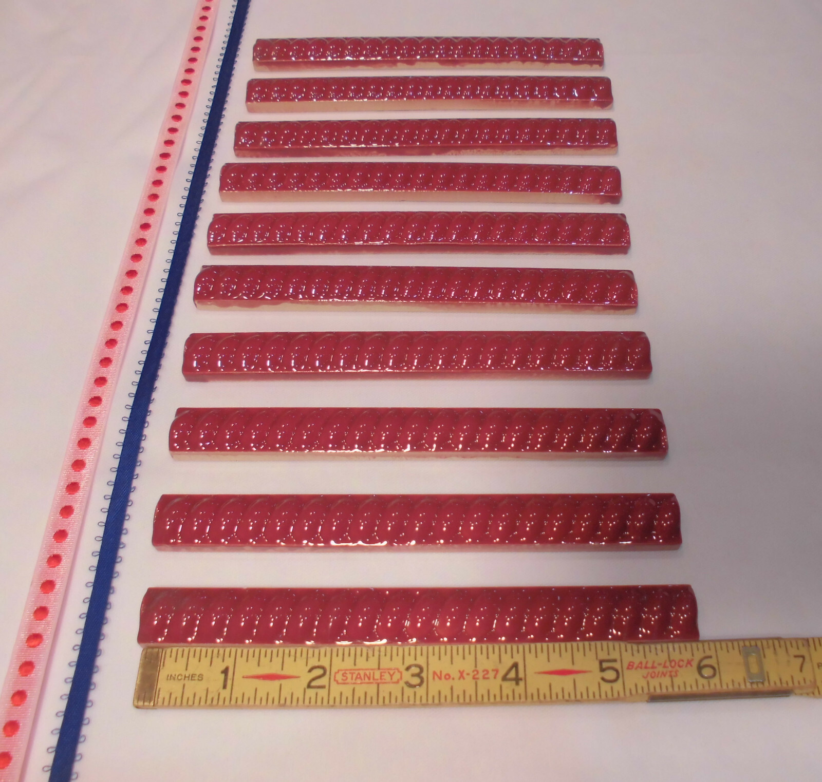 10 pcs. *Burgundy* Vintage Ceramic Liner-Pencil-Sizzle Tiles: 5/8″ X 6″ Twist