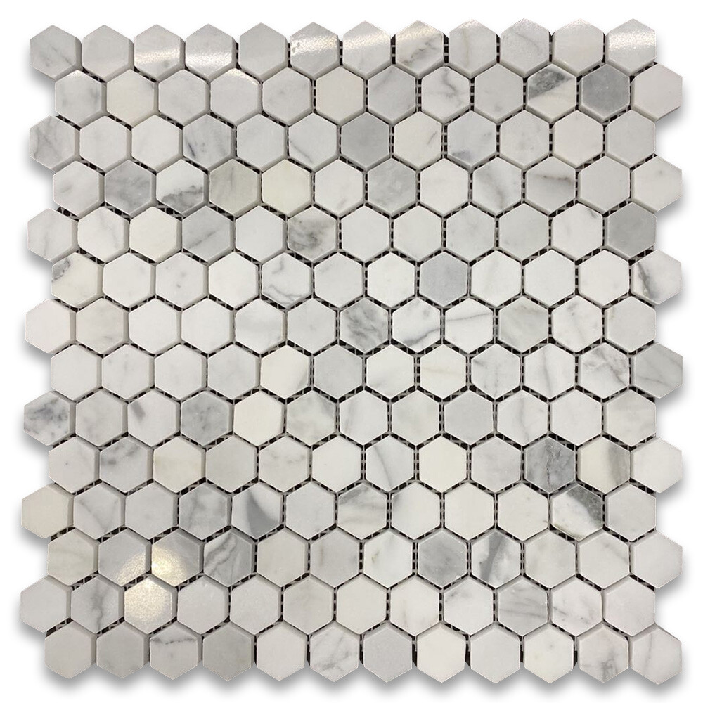 L31XP 1″ Hexagon Statuary Statuario White Italian Marble Mosaic Tile Polish