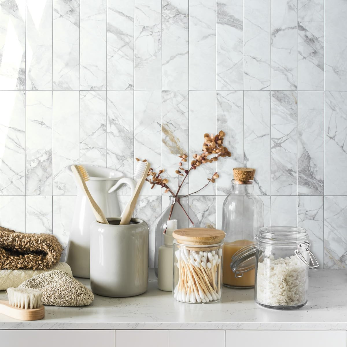 40-Piece Polished White Marble Peel and Stick Backsplash Wall Tiles, 3″