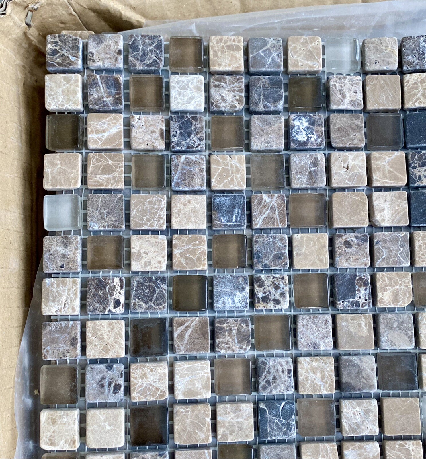 Stone & Glass Mini Mosaic 5/8” X 5/8 Tiles, ONE Sheet. Neutral Colors.