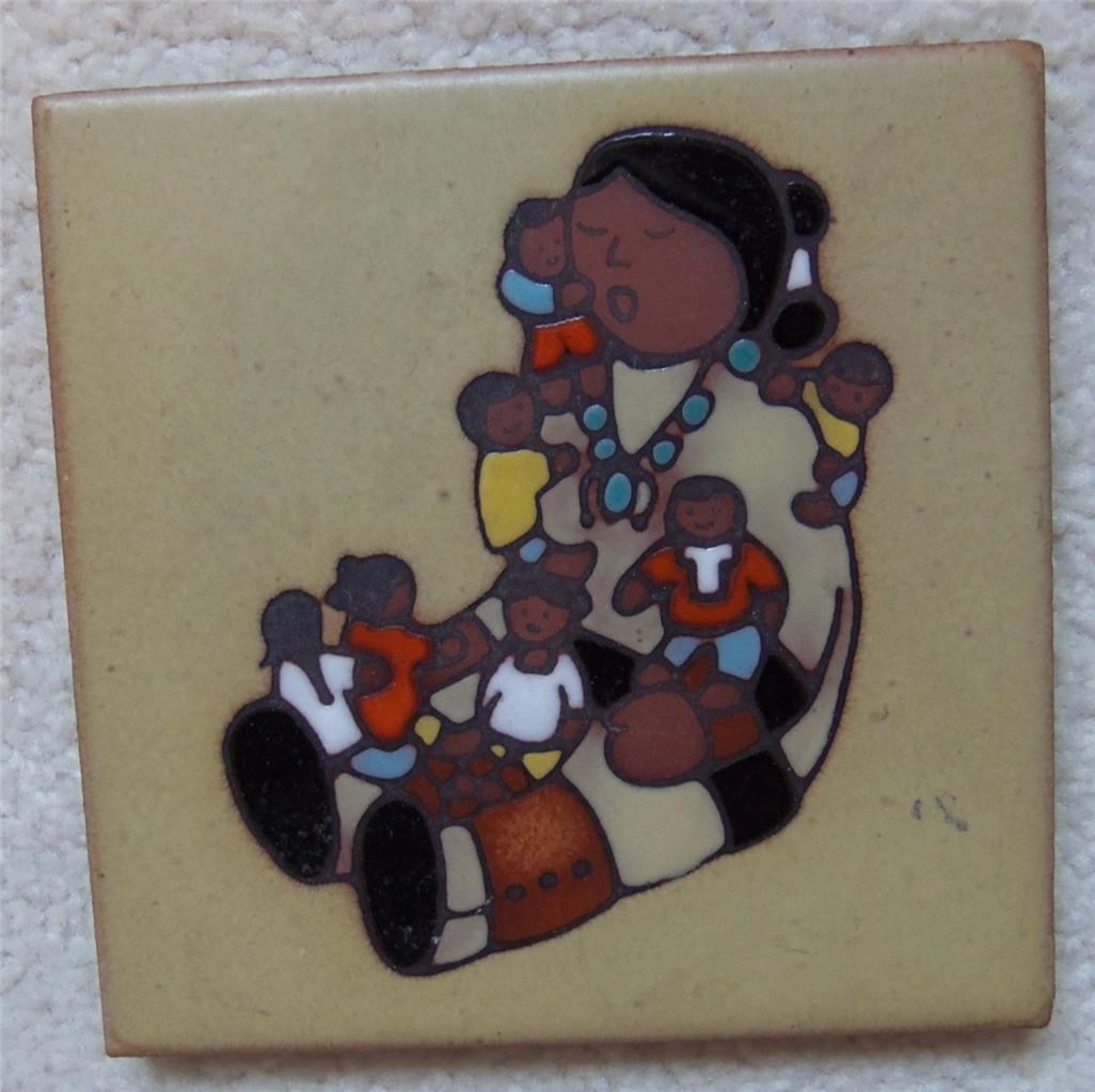 Vintage NAVAJO INDIAN STORYTELLING WOMAN with CHILDREN CERAMIC ART TILE TRIVET