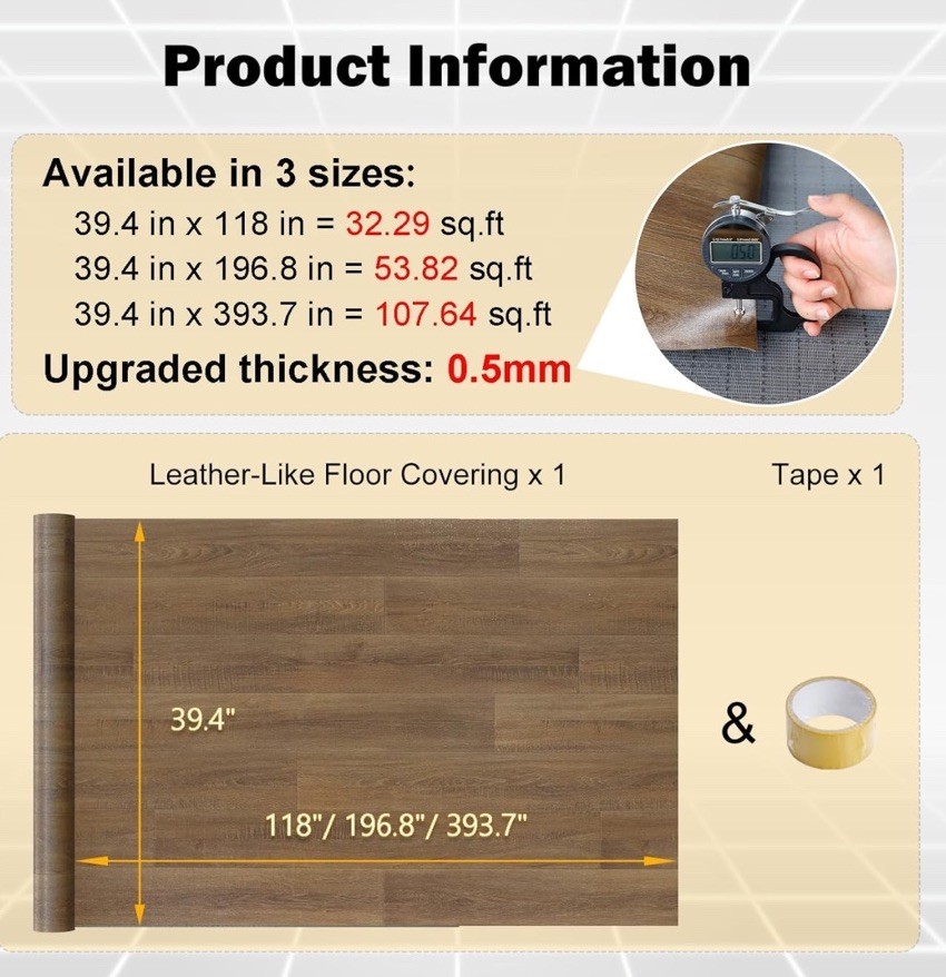 Freshtour Vinyl (PET) Flooring Roll 107.6 Sq.ft (39.3″ x 393.7″) Natural Oak