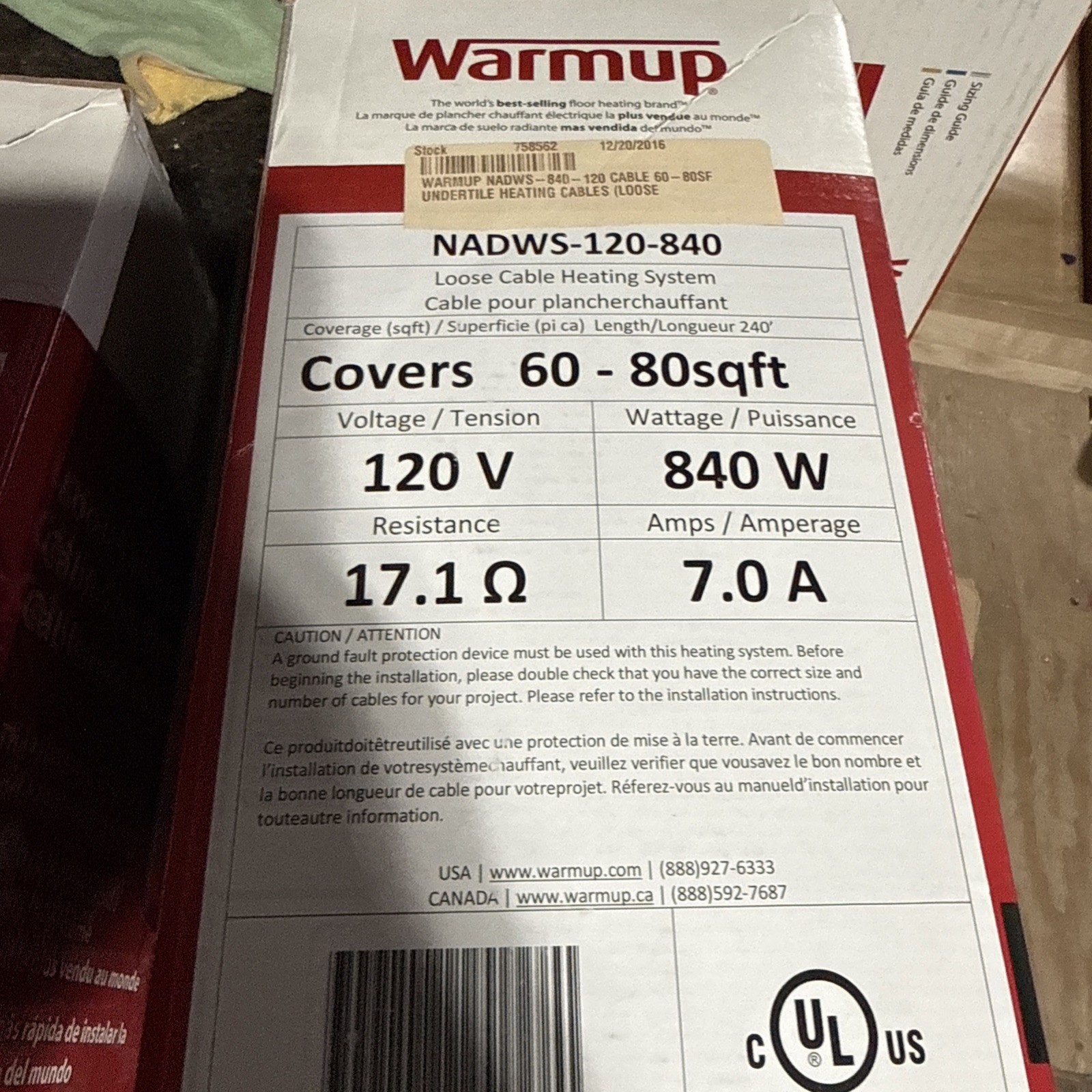 Warmup Underfloor Under tile Heated Wire Nadws-120-840 60-80 Square Feet