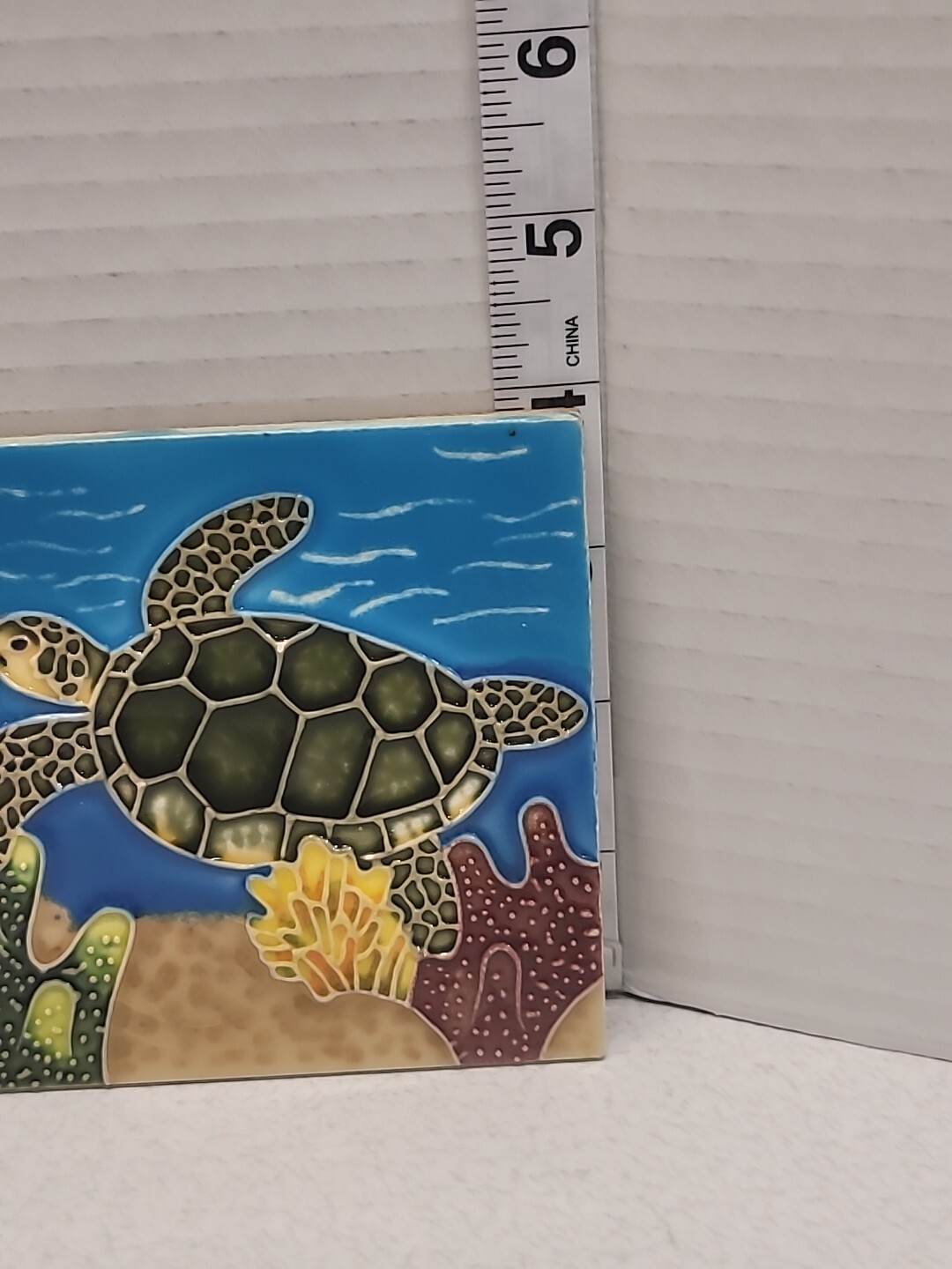Sea Turtle Swimming in Coral Seaweed Coastal 4” X 4” Square Ceramic Tile Scene