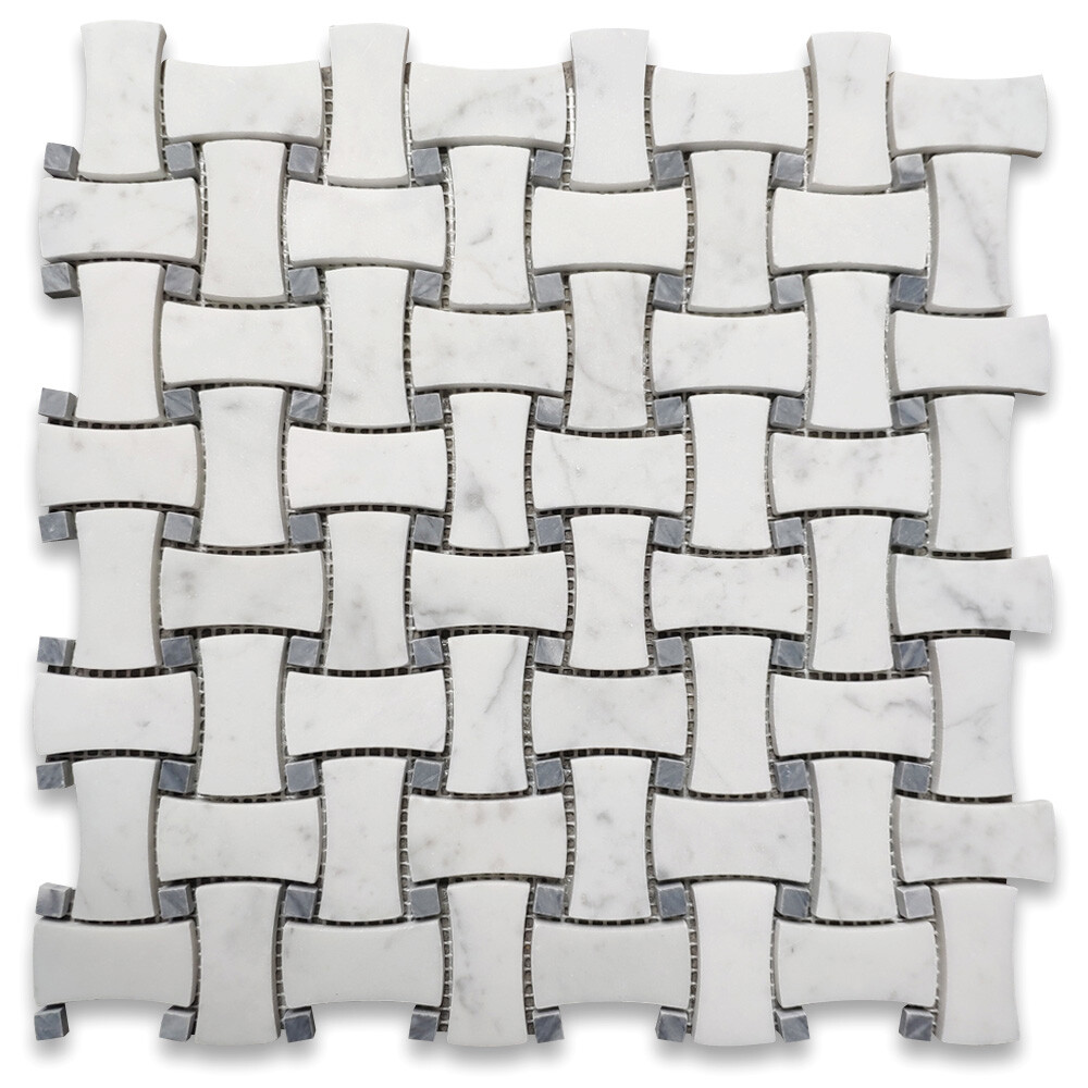 C677XH Carrara White Marble DogBone Basketweave Mosaic Tile Grey Dots Honed