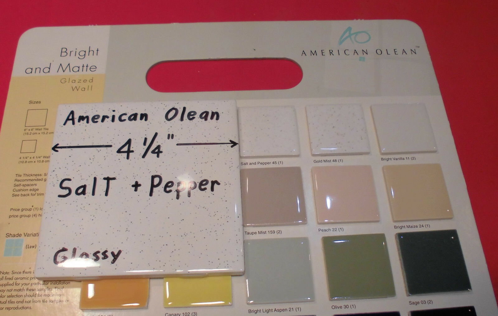 1 pc. Salt + Pepper Glossy Ceramic Tile by American Olean 4-1/4″ New Stock, Mint