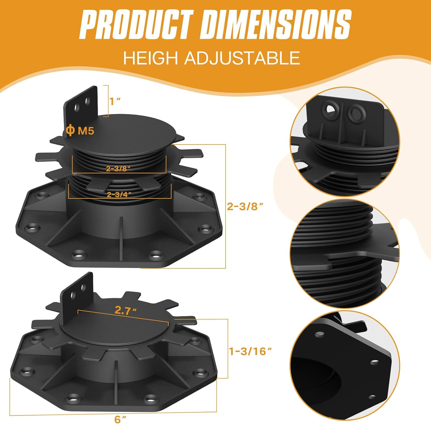 24-Pack Adjustable Deck Support Pedestals, 1.18″–2.36″ (30–60 Mm), for 2×4 & 2×6
