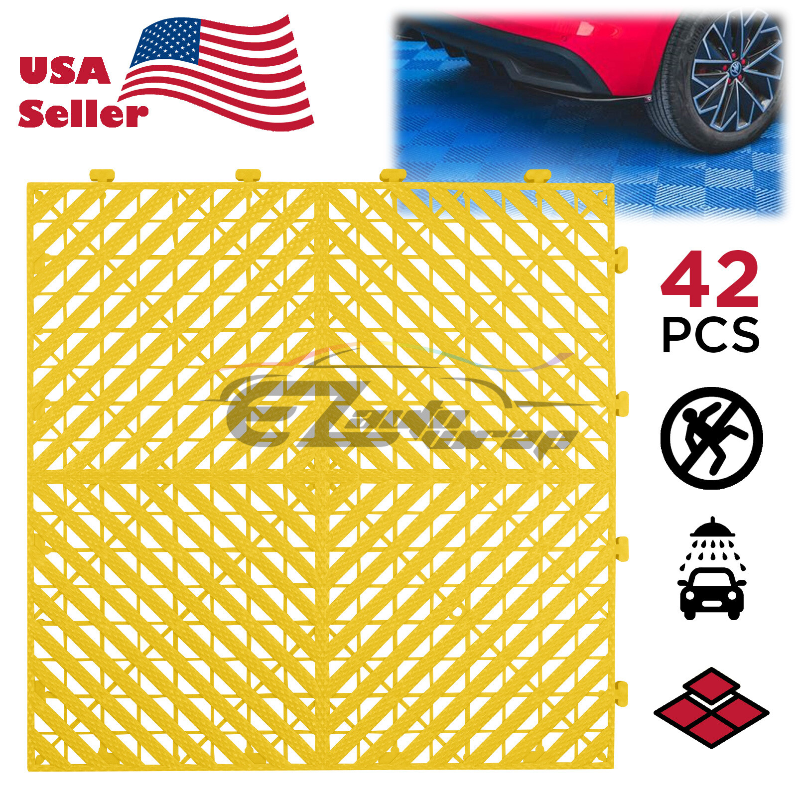 42pcs 16″x16″ Yellow Garage Floor Mat Perforated Flooring Tile Shop Interlocking