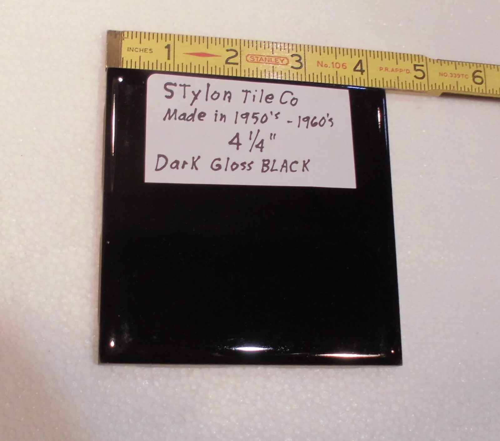 1 pc. Dark Gloss Black: 4-1/4″ Ceramic Tile by Stylon Co. Made in 1950’s -60’s