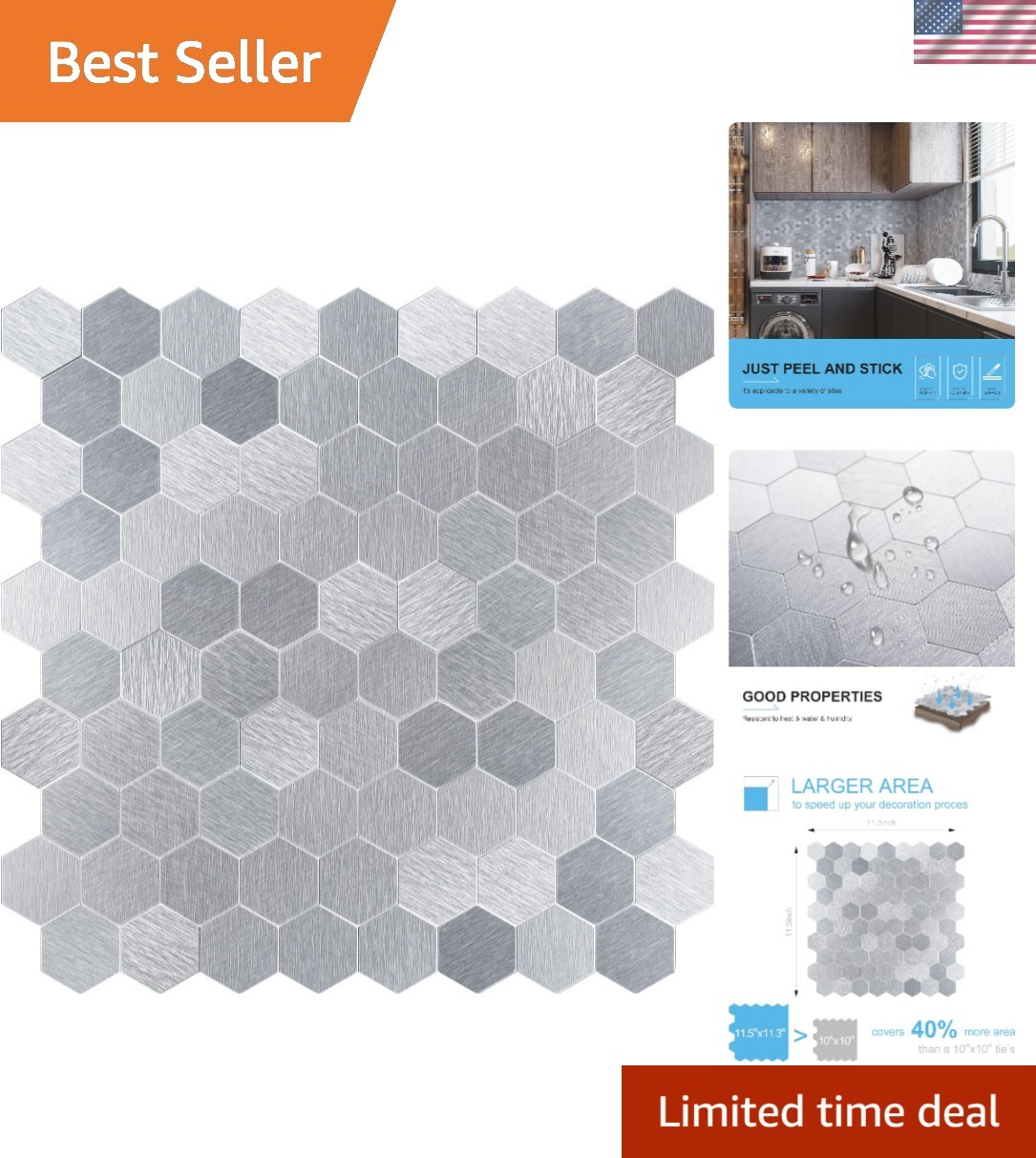 Hexagon Peel and Stick Metal Backsplash, 10-Sheet Peel and Stick Tiles Hexagon M