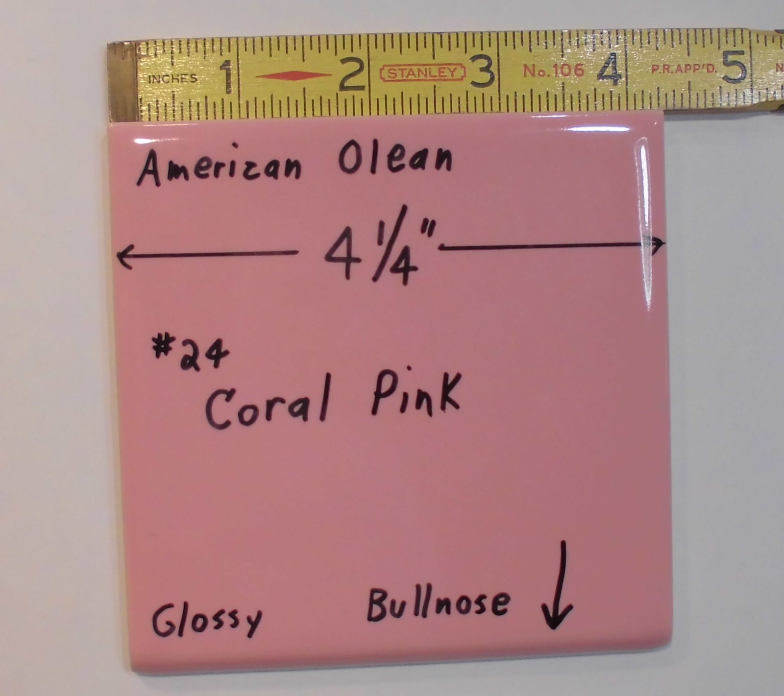 1 pc. Vintage Glossy Ceramic Bullnose Tile 4-1/4” *Coral-Pink* American Olean