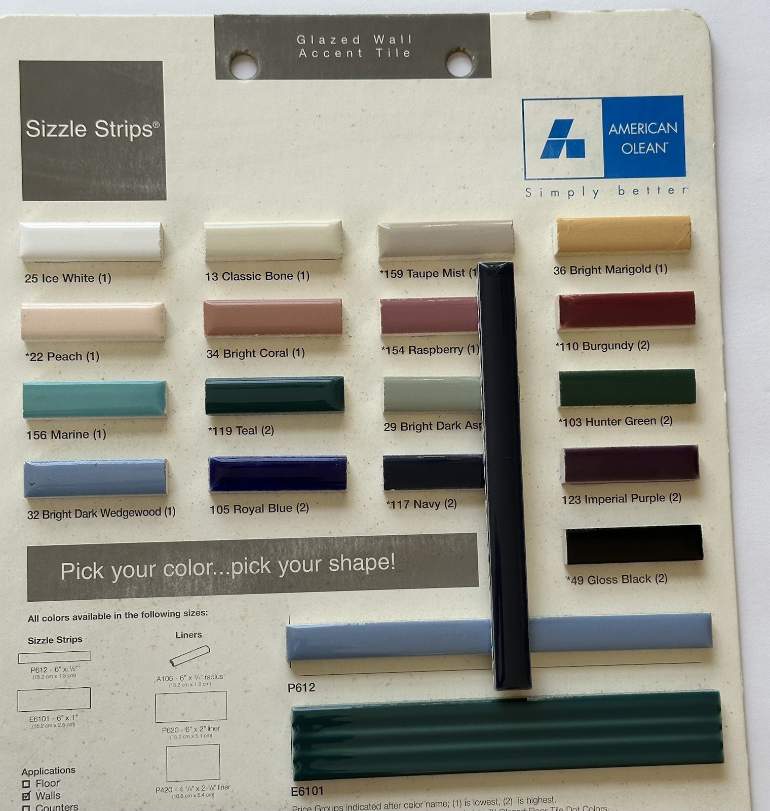 1 pc. Navy Blue: Ceramic Tile… Pencil – Liner – Sizzle: 1/2″ X 6″ by A.O. New