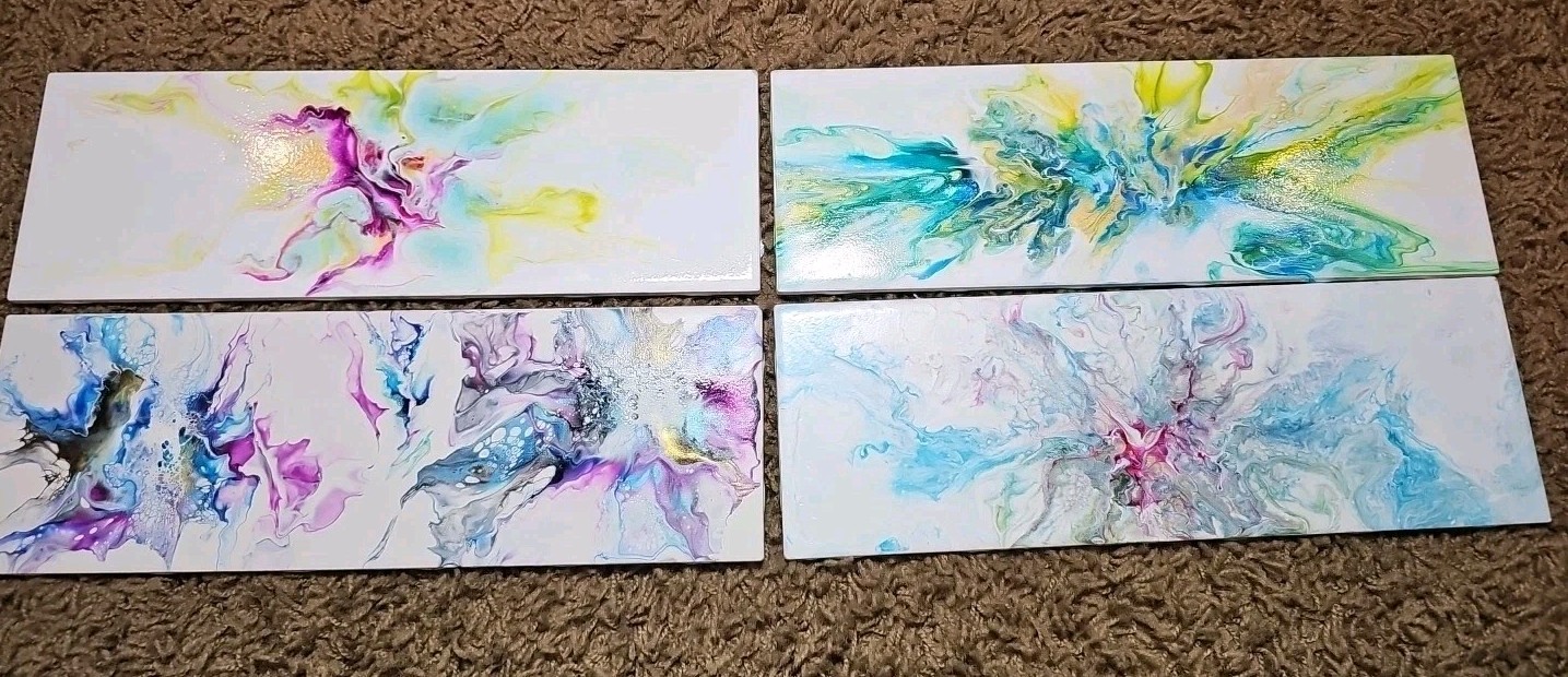 Set of Four Stunning Custom Art Painted 4-1/4 in. x 12-7/8 in. Ceramic Subway #5