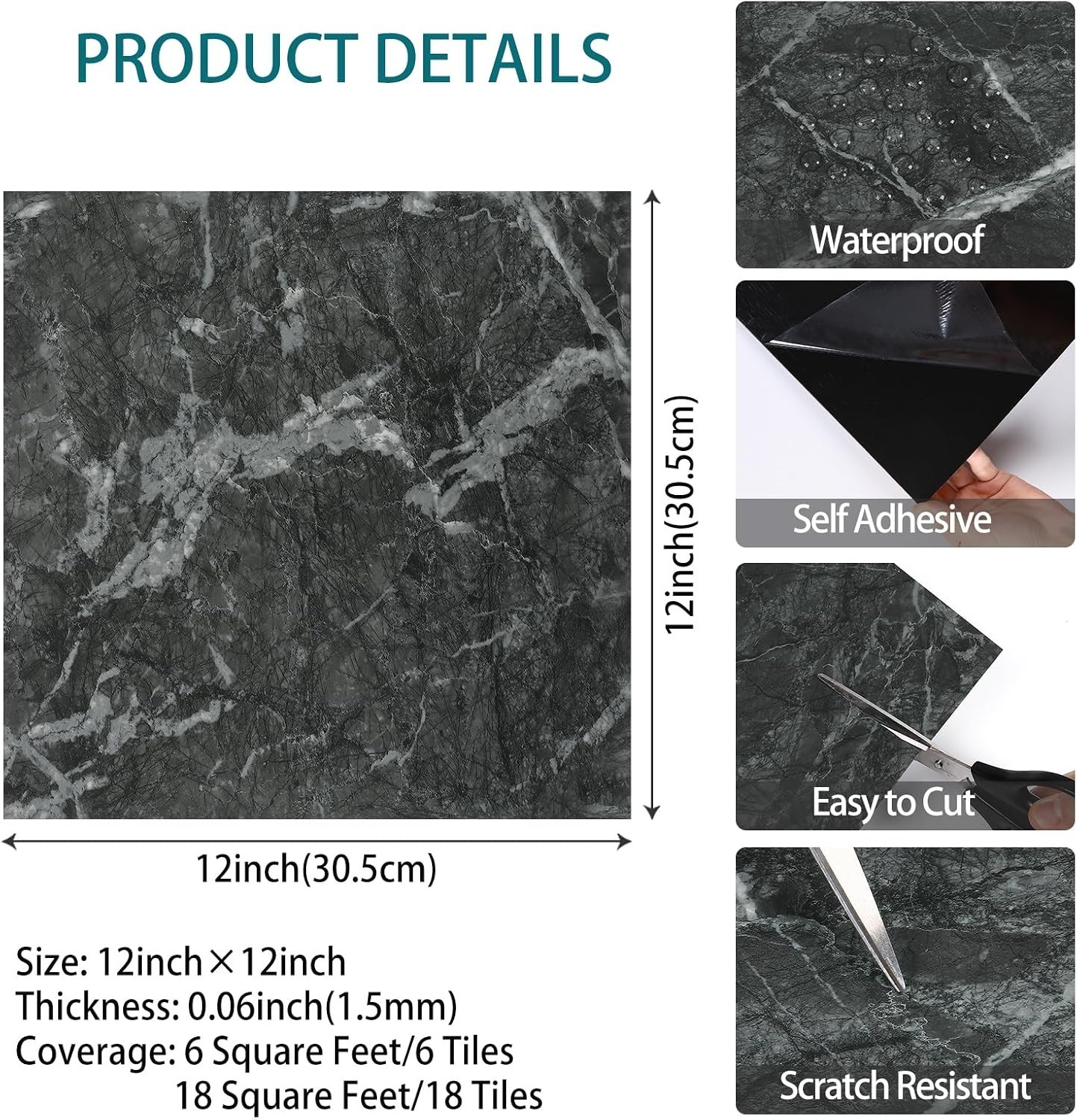 12″x12″ Peel and Stick Floor Tile Waterproof Black Grey Slate Marble Flooring…