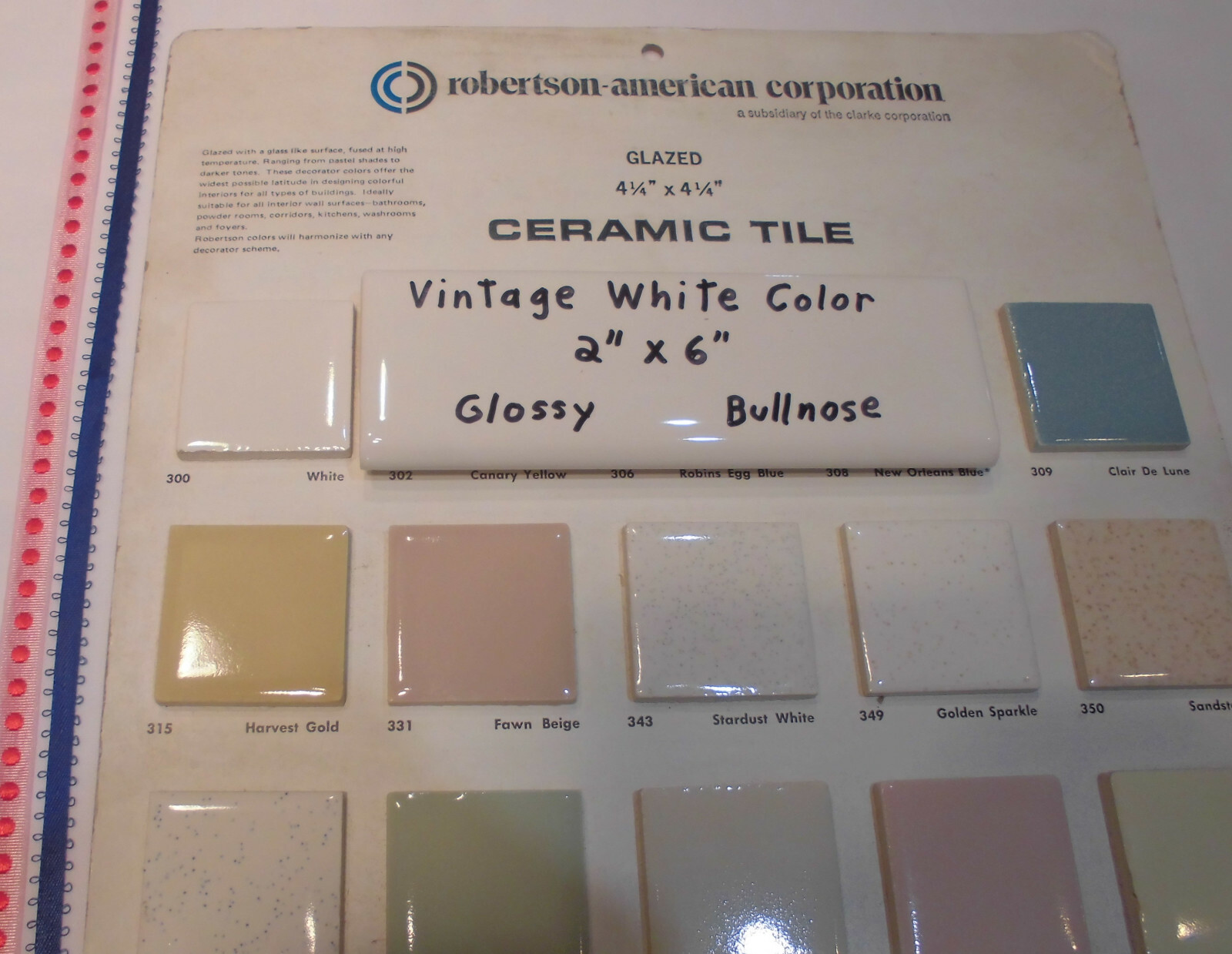 1 pc. *Vintage White* Glossy 2″ X 6″ Ceramic Surface/Flat Bullnose Tiles; NEW