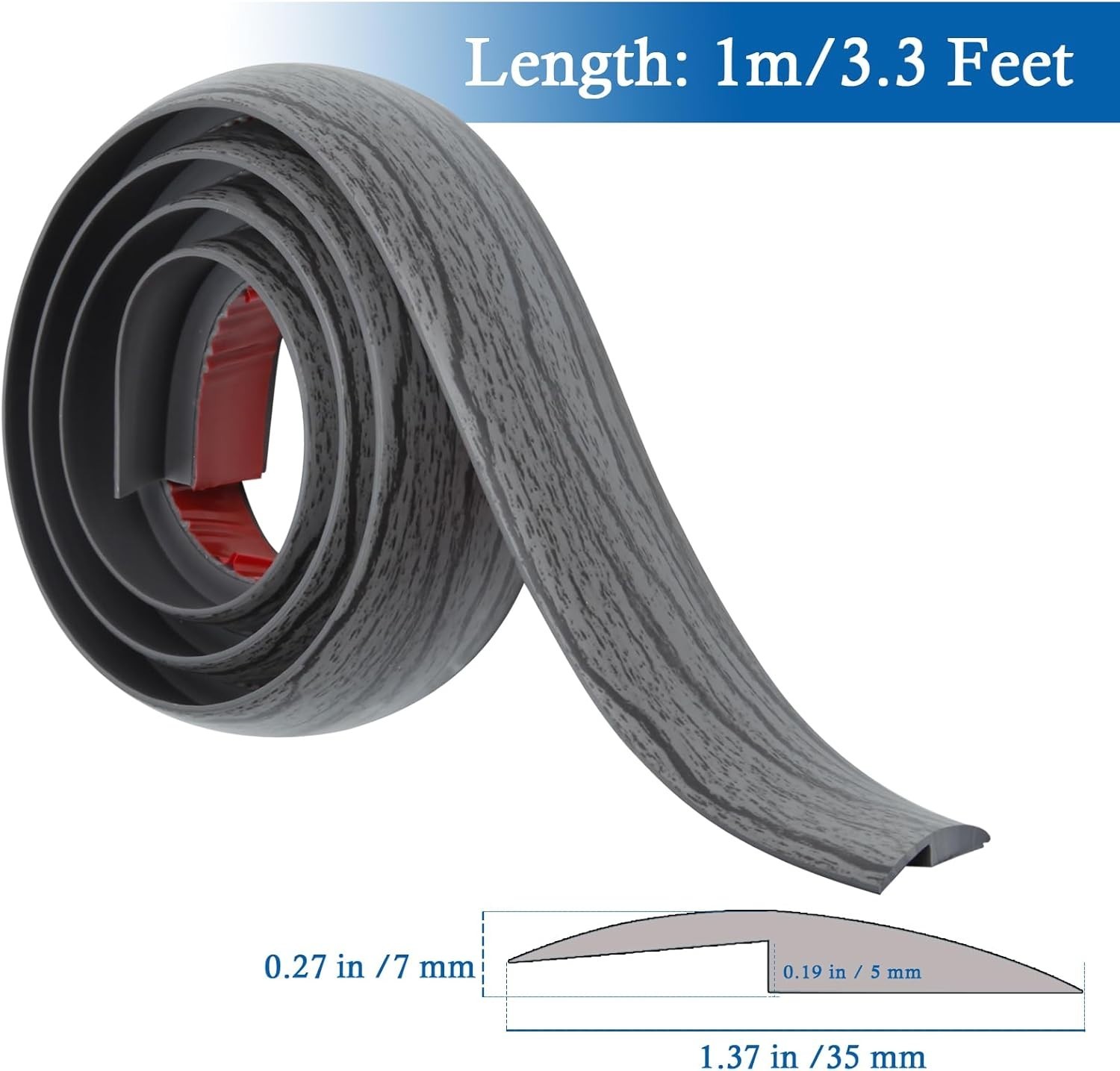 Flexible PVC Transition Strip – Self-Adhesive and Cuttable, 3.3Ft, Under 5mm