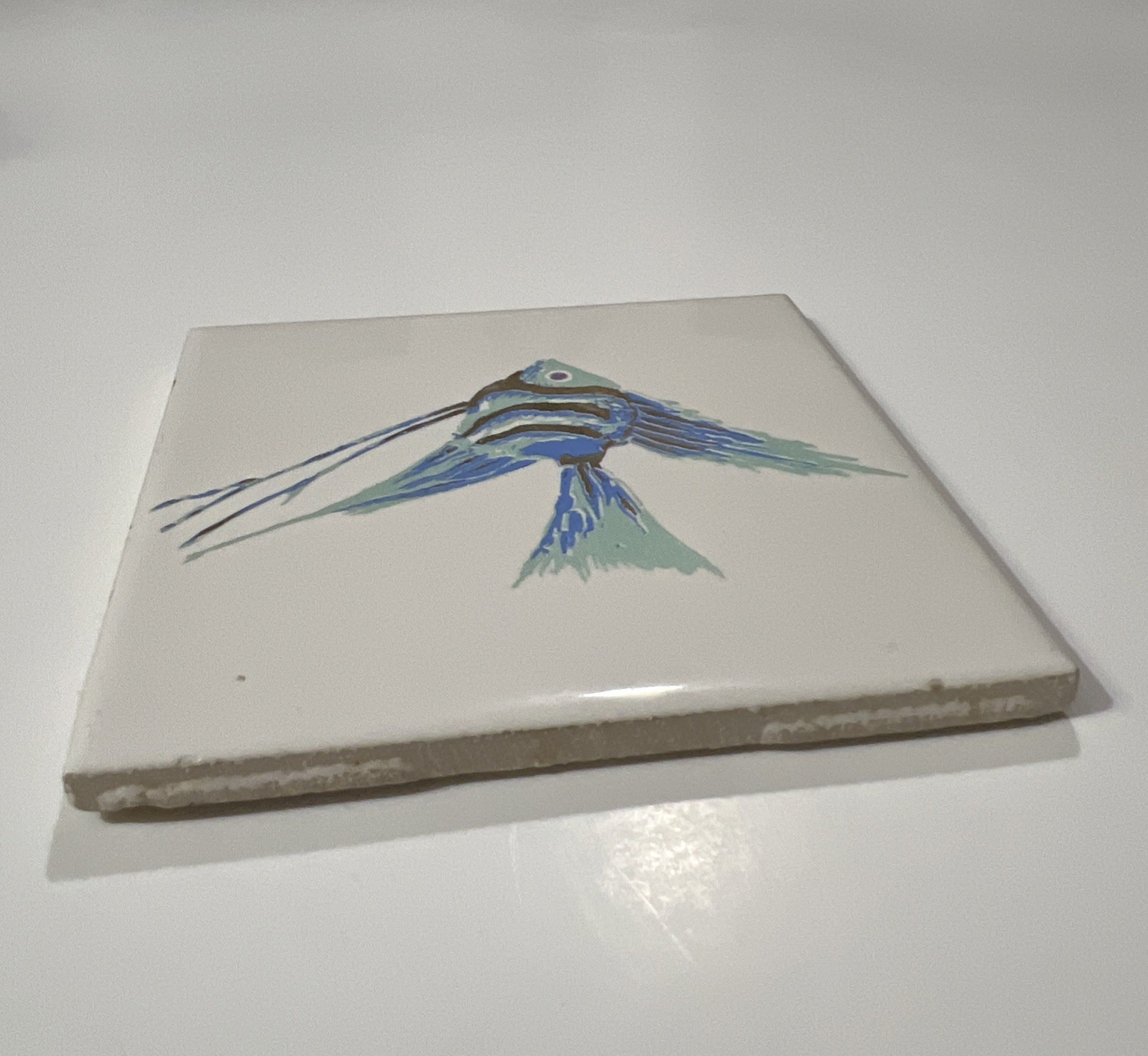 Fish Tile Decorative Angel Fish Blue & Gold With Acrylic Stand 4.25X4.25”