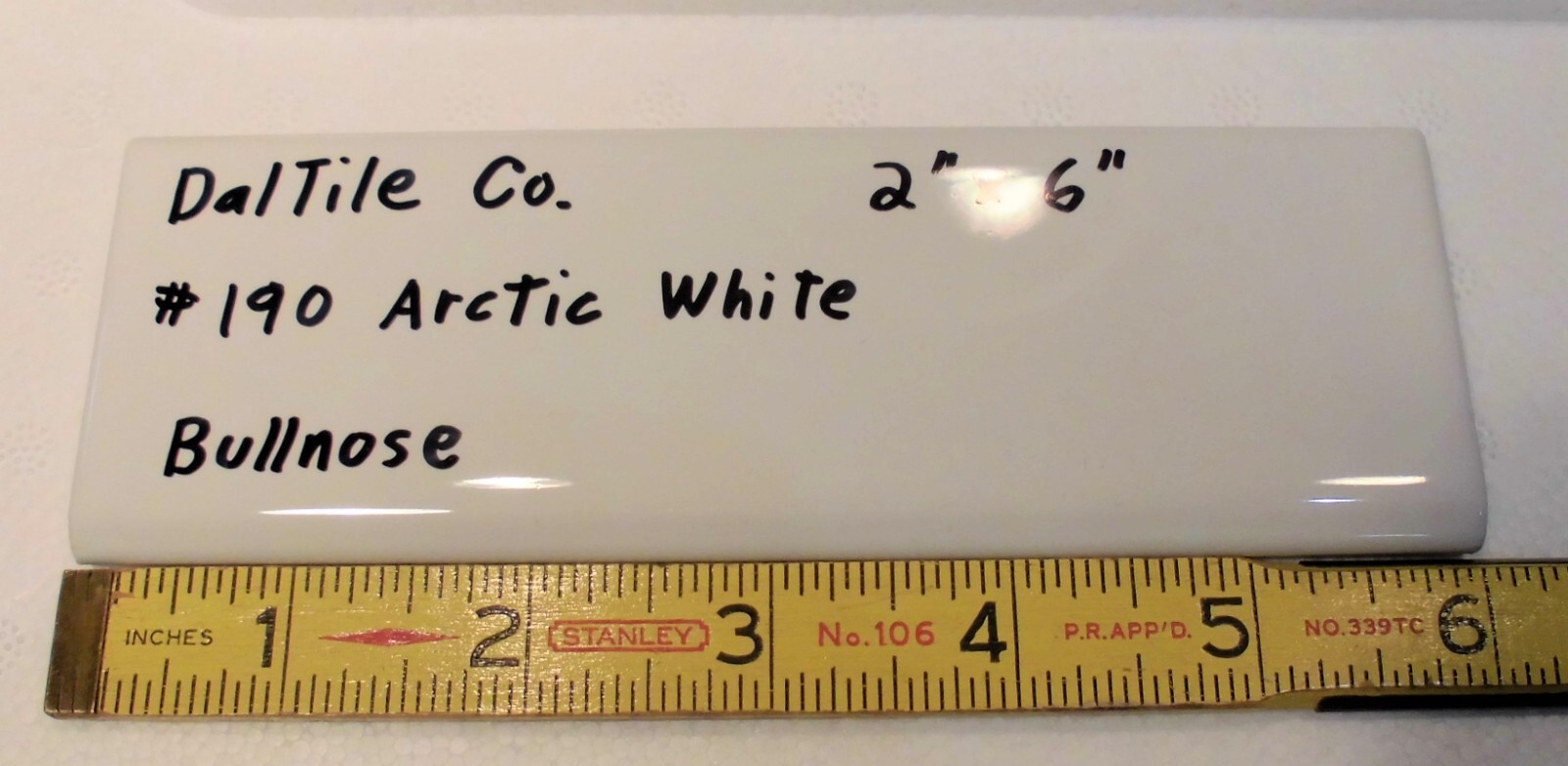 1 pc. Glossy Arctic White: 2″ X 6″ Bullnose Ceramic Tiles by Daltile, New Stock