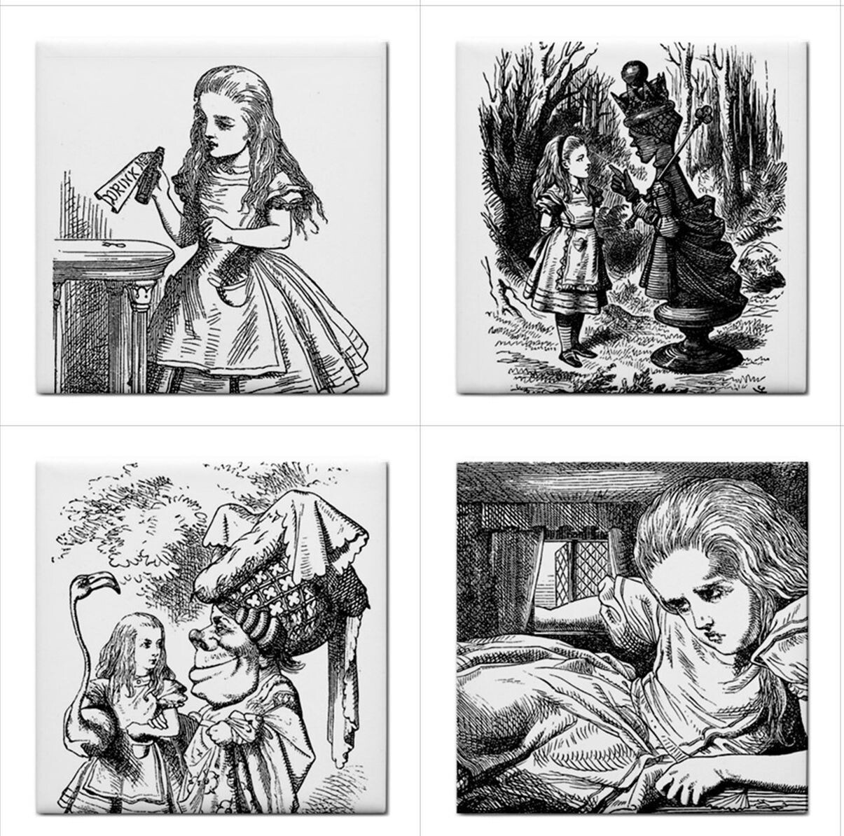 Alice In Wonderland Ceramic Tiles Black And White Backsplash 16 Tile Set