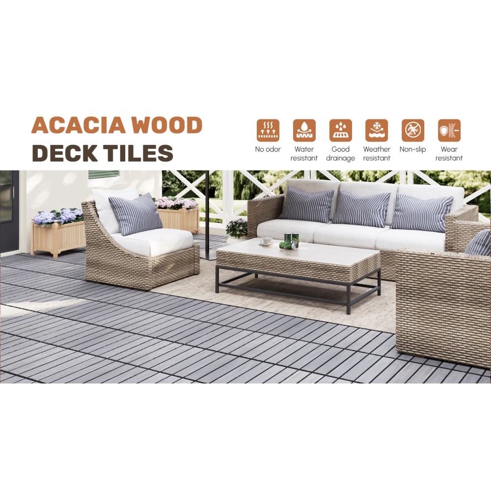 30PCS 12x12in Light Gray Acacia Wood Interlocking Deck Tiles Striped Outdoor
