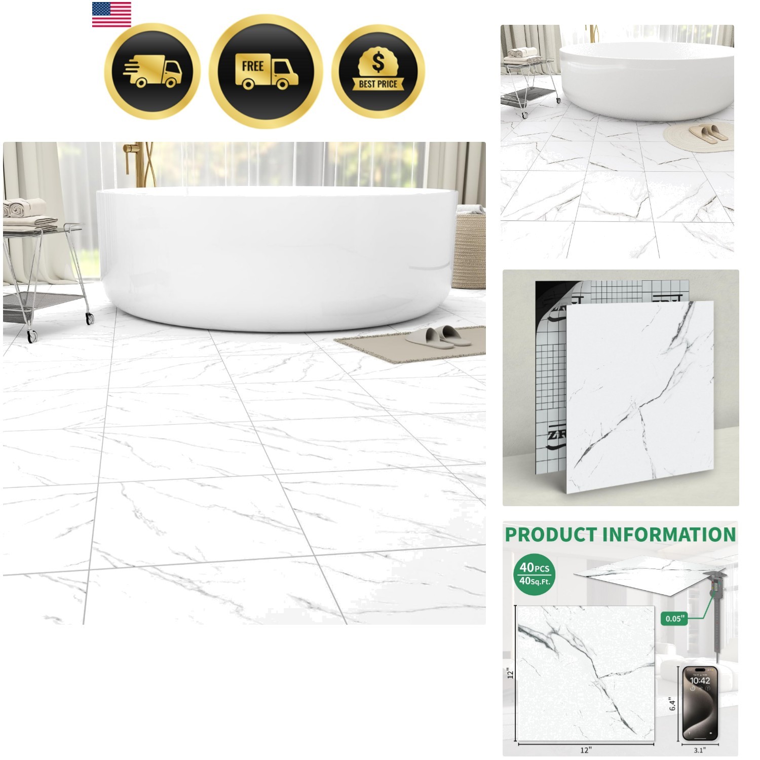 40-Pack Peel & Stick Floor Tiles 12 x 12 inch Vinyl Floor Self Adhesive Water…