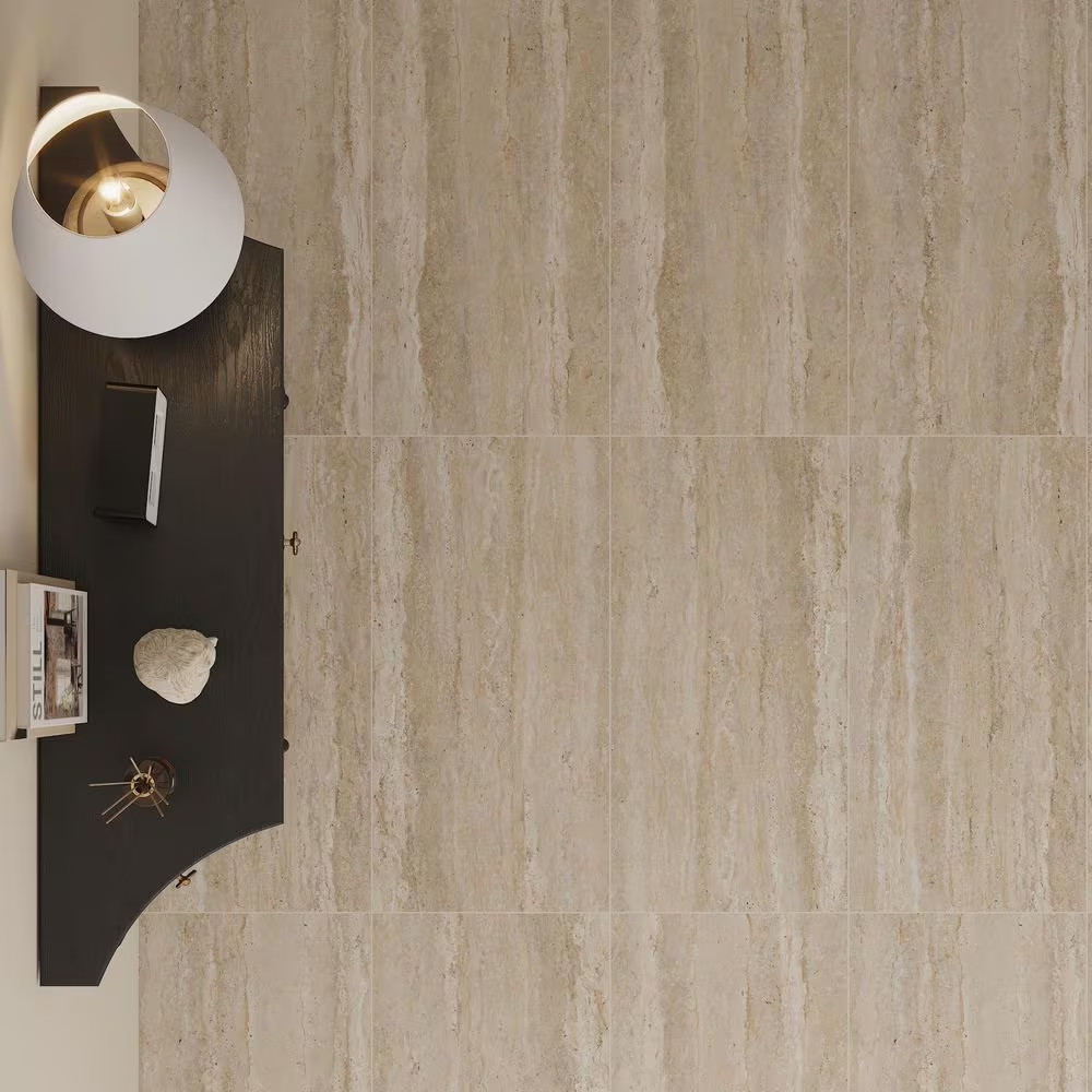 American Travertine Beige 24 In. X 48 In. Chiseled 3D Porcelain Large Format Wal