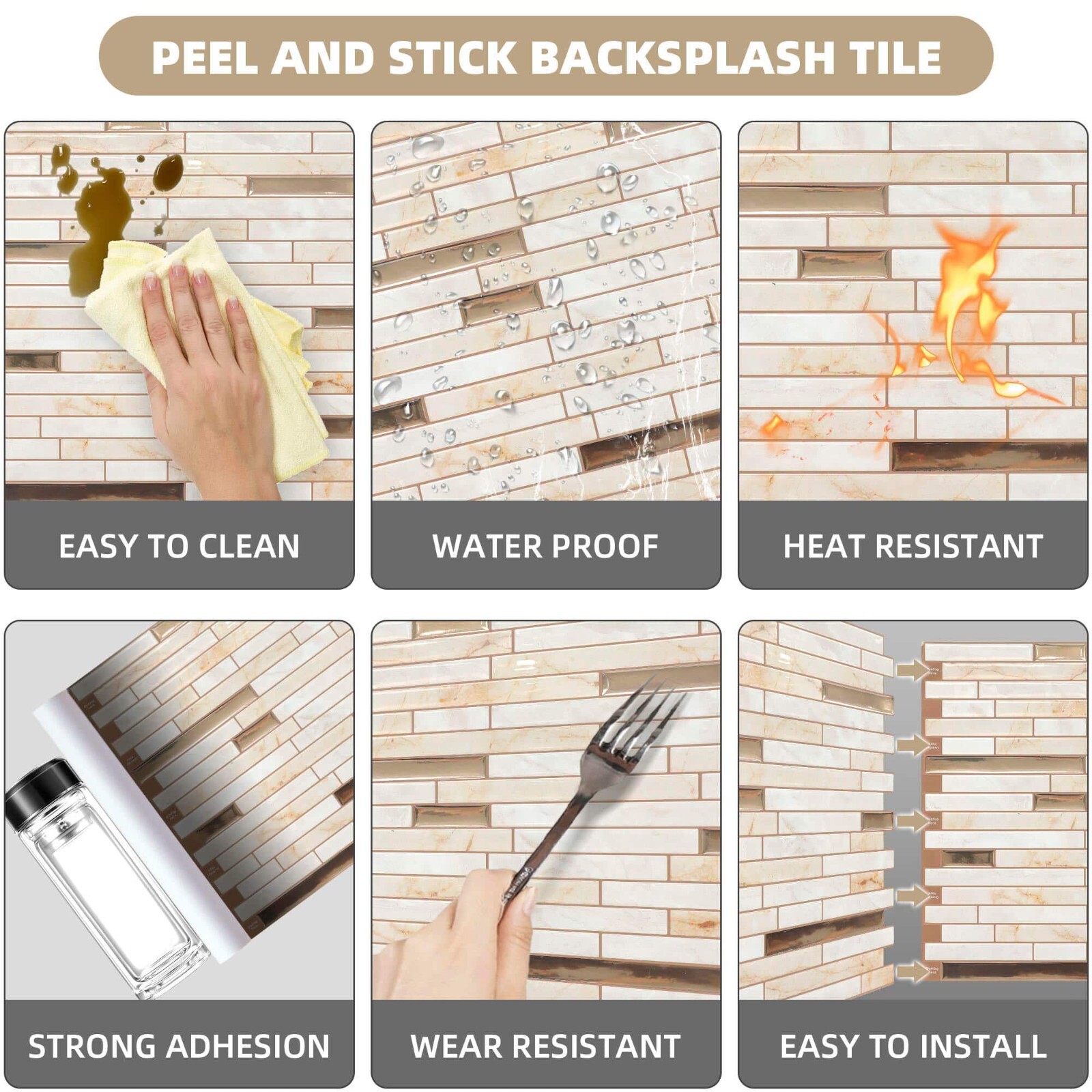 Jeedeson 12 x 12 in. Vinyl Peel and Stick Tile Backsplash Stone Beige (10-Pack)