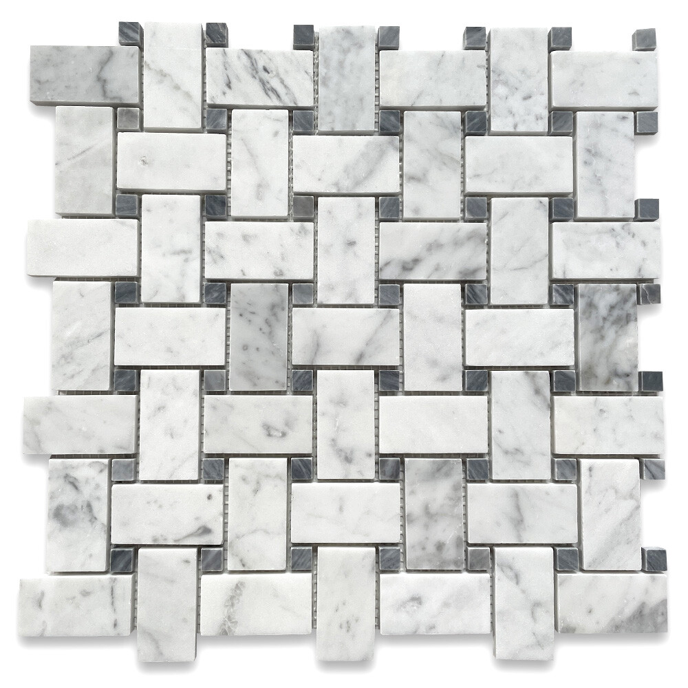 C657XP Basketweave Carrara White Marble Mosaic Tile Dark Grey Dots Polished