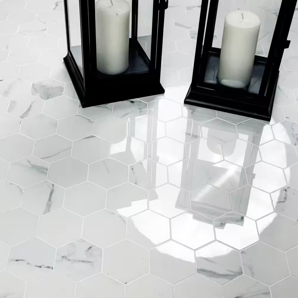 Carrara 12 In. X 12 In. Polished Porcelain Mesh-Mounted Mosaic Floor and Wall Ti