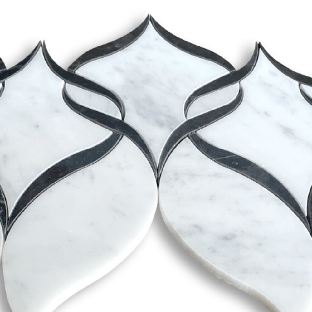C89B1H Carrara White Marble Helix Ribbon Waterjet Mosaic Tile Marquina Black