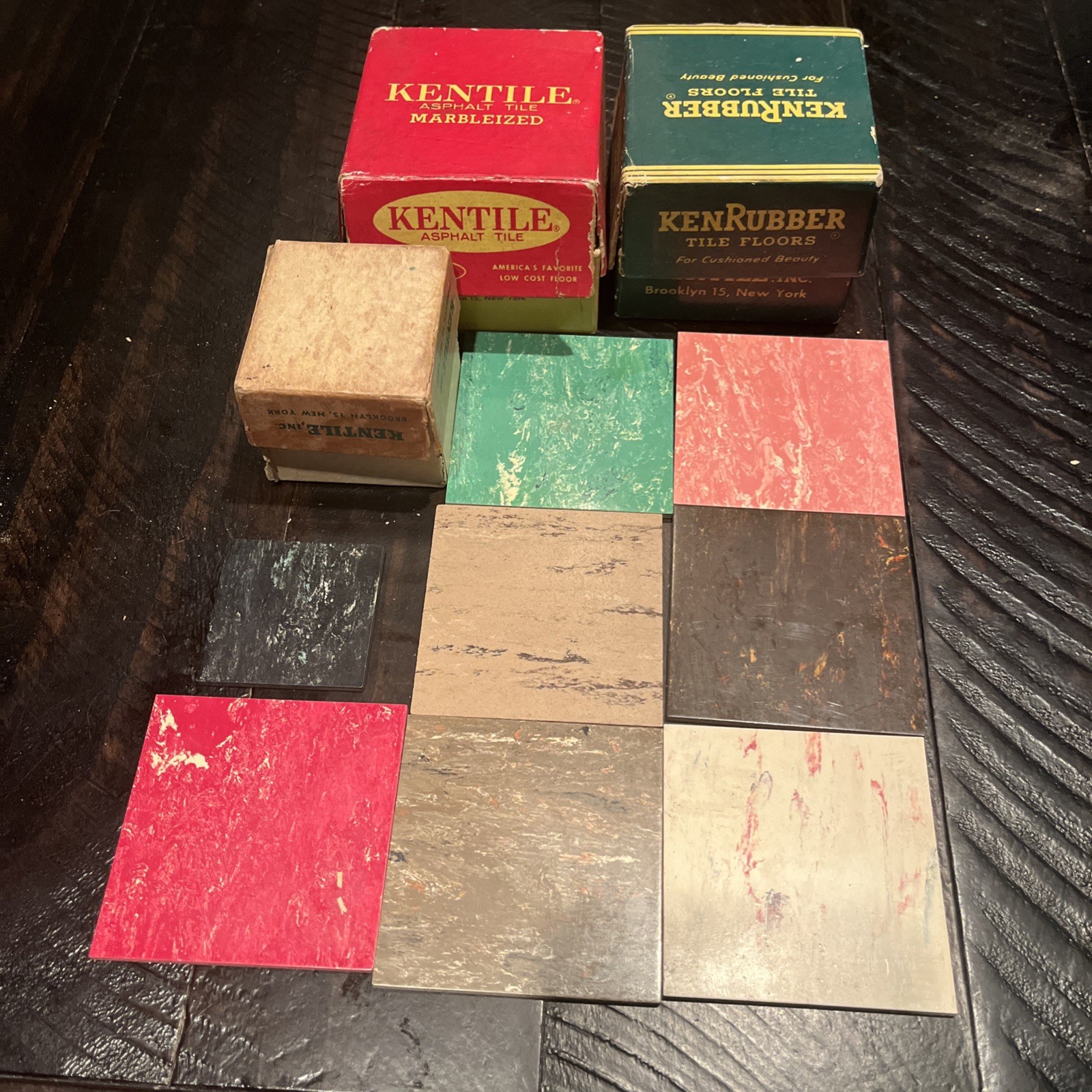 Vtg MCM1950s Kentile TERRAZZO AsphaltTiles 7 Pieces 4” x 4” 2 Additional Boxes