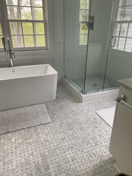 C657XP Basketweave Carrara White Marble Mosaic Tile Dark Grey Dots Polished