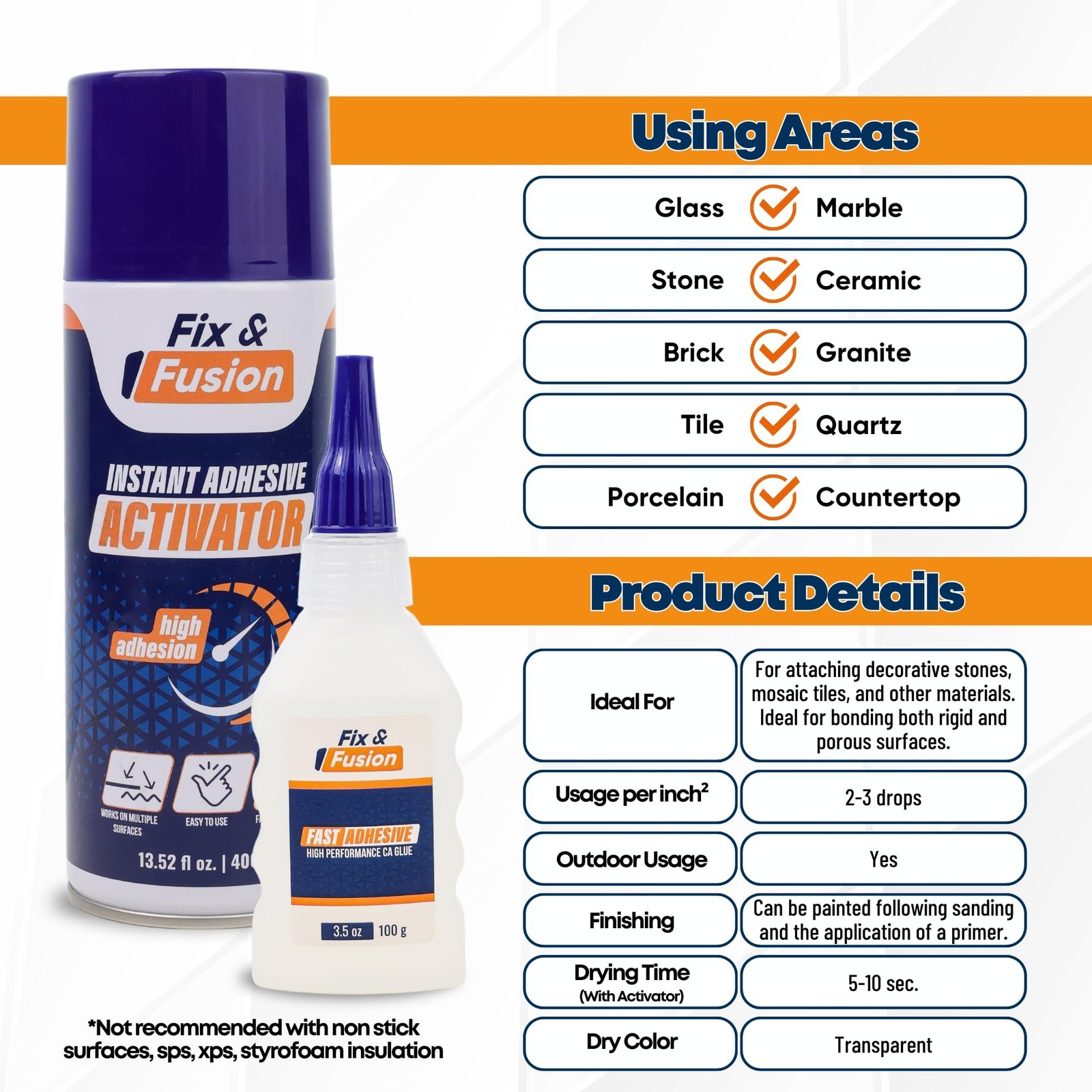 FIX & FUSION Ca Super Glue (3.5 Oz) with Activator Spray (13.5 Fl Oz) Set, Fa…