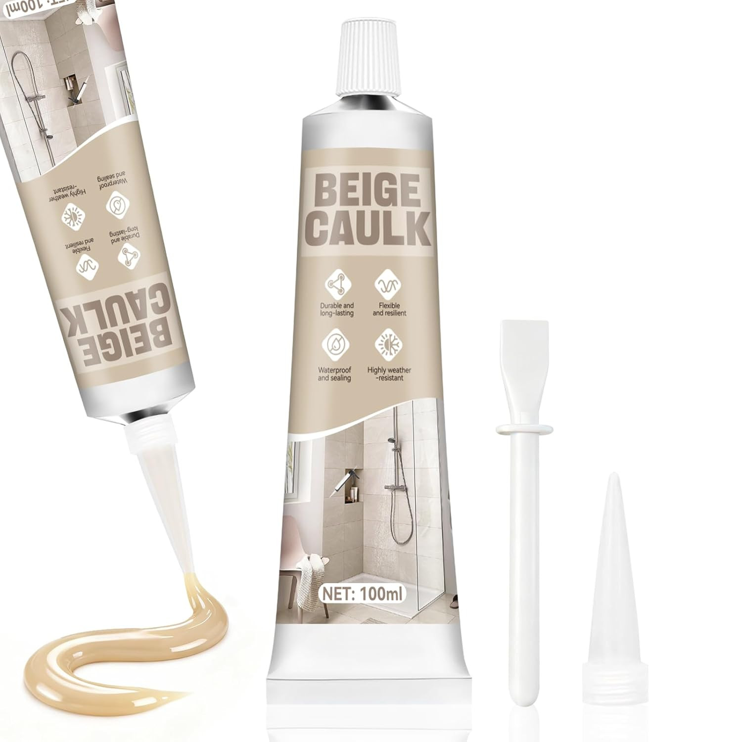 Beige Caulk, Silicone Caulk for Bathroom Shower Kitchen Tile Floor Sealing, Wate