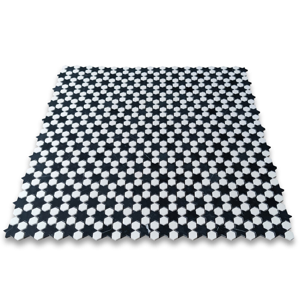 T31G1XH Thassos White Marble Starry Night Hexagram Hexagon Mosaic Tile Black