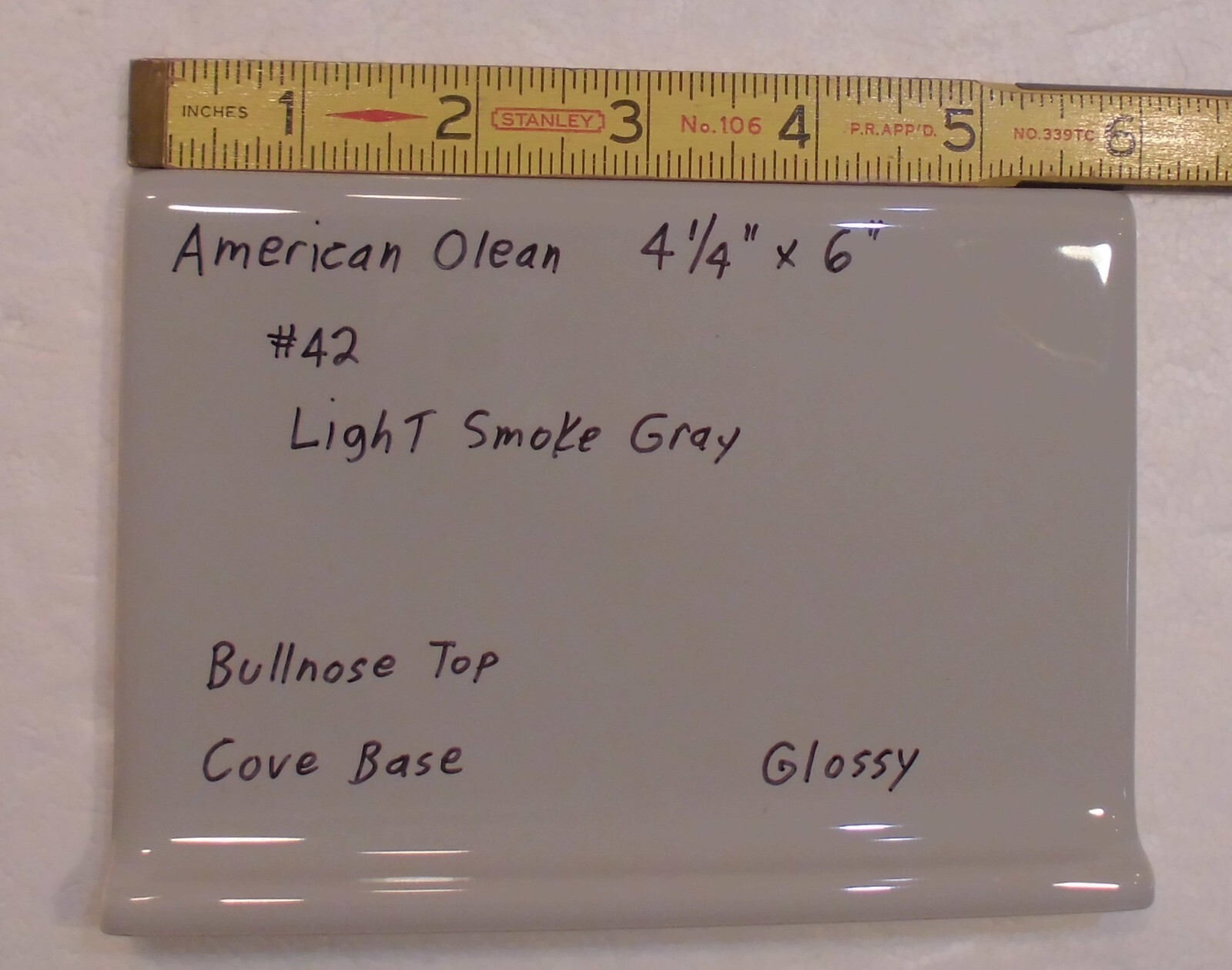 1 pc. Light Smoke Gray: base/cove Ceramic Glossy Tile: 4-1/4″ X 6″ Bullnose Top