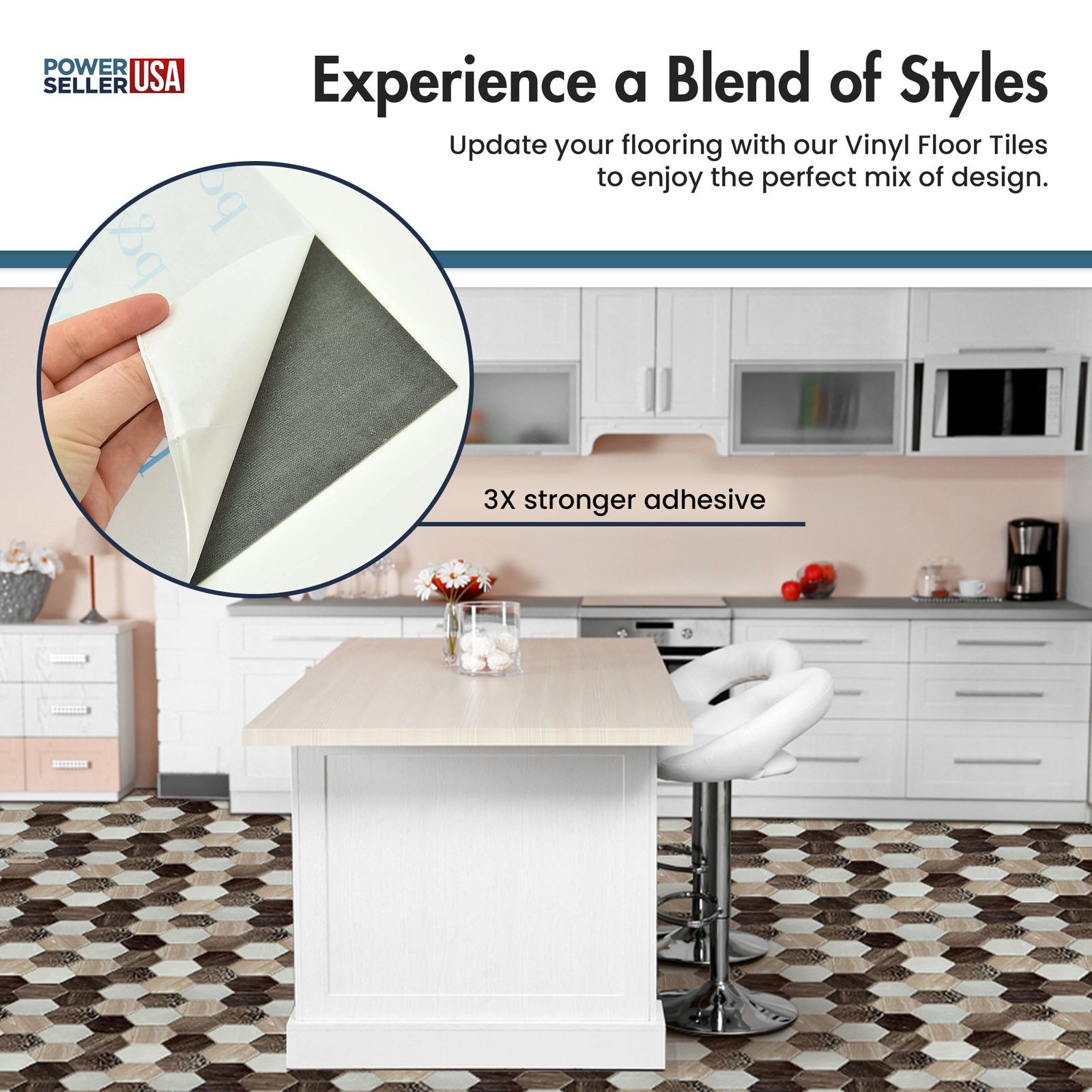 PowerSellerUSA Vinyl Self Adhesive Floor Tiles 20 PCS 12″ x 12″, Rustic Hexagon