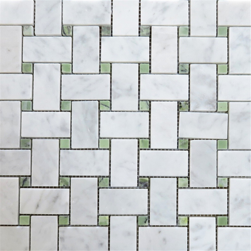 C652XP Carrara Venato Marble 1×2 Basketweave Mosaic Tile Green Dots Polished