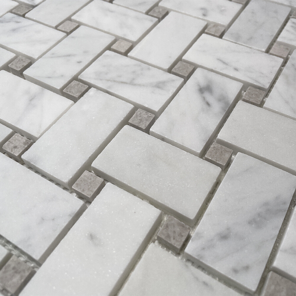 C653XH Carrara White Marble 1×2 Basketweave Mosaic Tile Gray Dots Honed